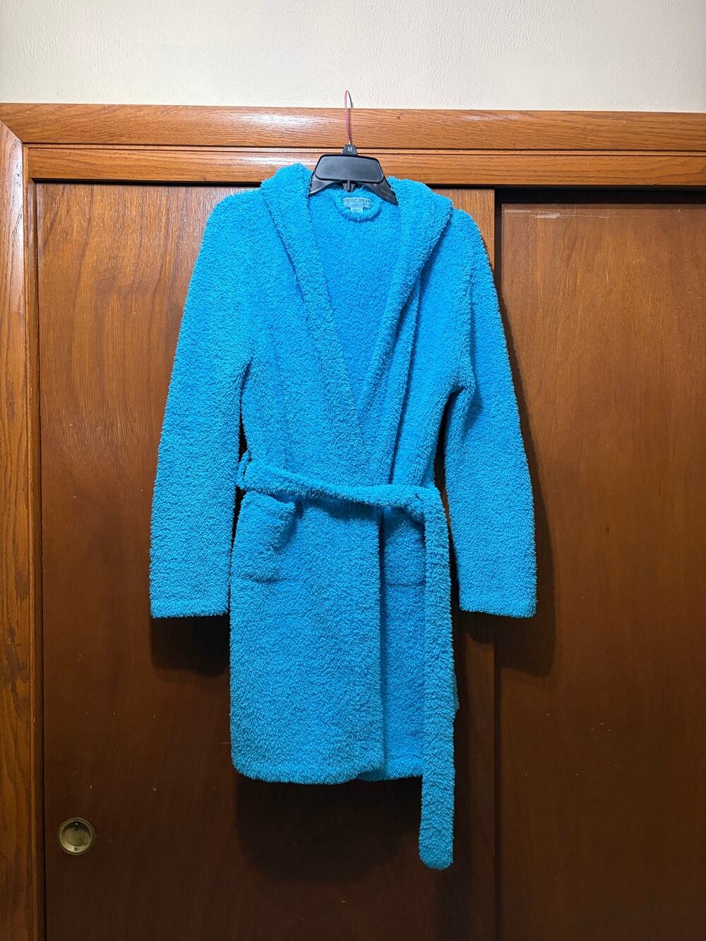 Barefoot Dreams CozyChic Hooded Robe Blue Plush Bathrobe Belted Size 1 S M